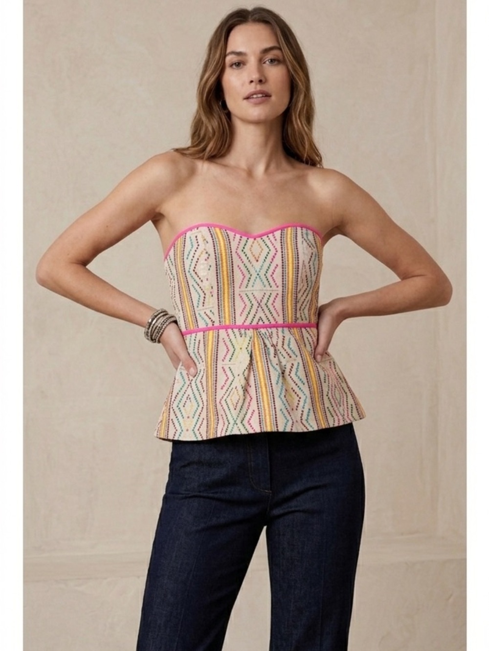 Judith March Embroidered Southwestern Strapless Peplum Top Open Tie-Back, Size L